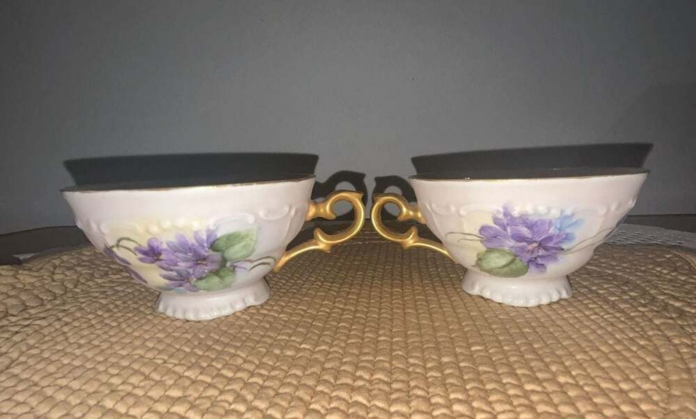 E&R Vintage Hand Painted Purple Violets Footed Tea Cup with Gold Trim
